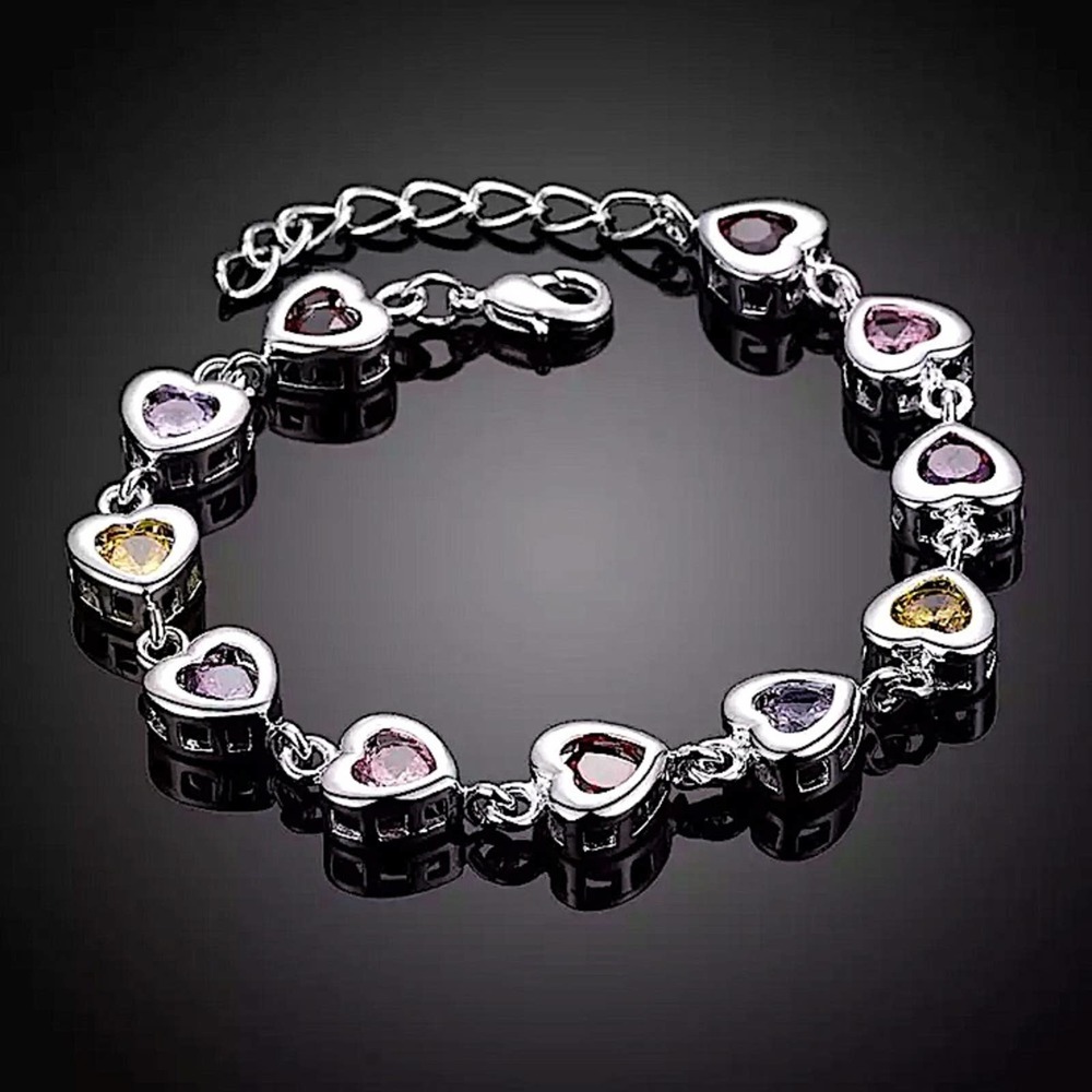 Sterling Silver Heart Multicolor Gemstone 925 Stamped Bracelet - Picture 7 of 12